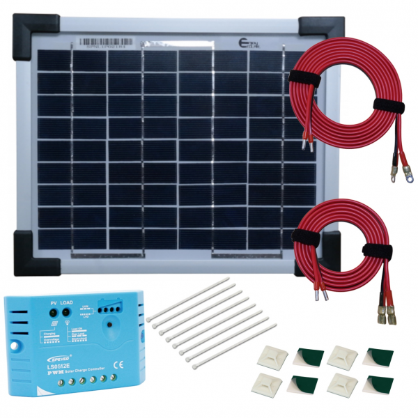 Kit panneau solaire polycristallin 5W 12V av régulateur 5A et accessoires  de câblage à 44,90€